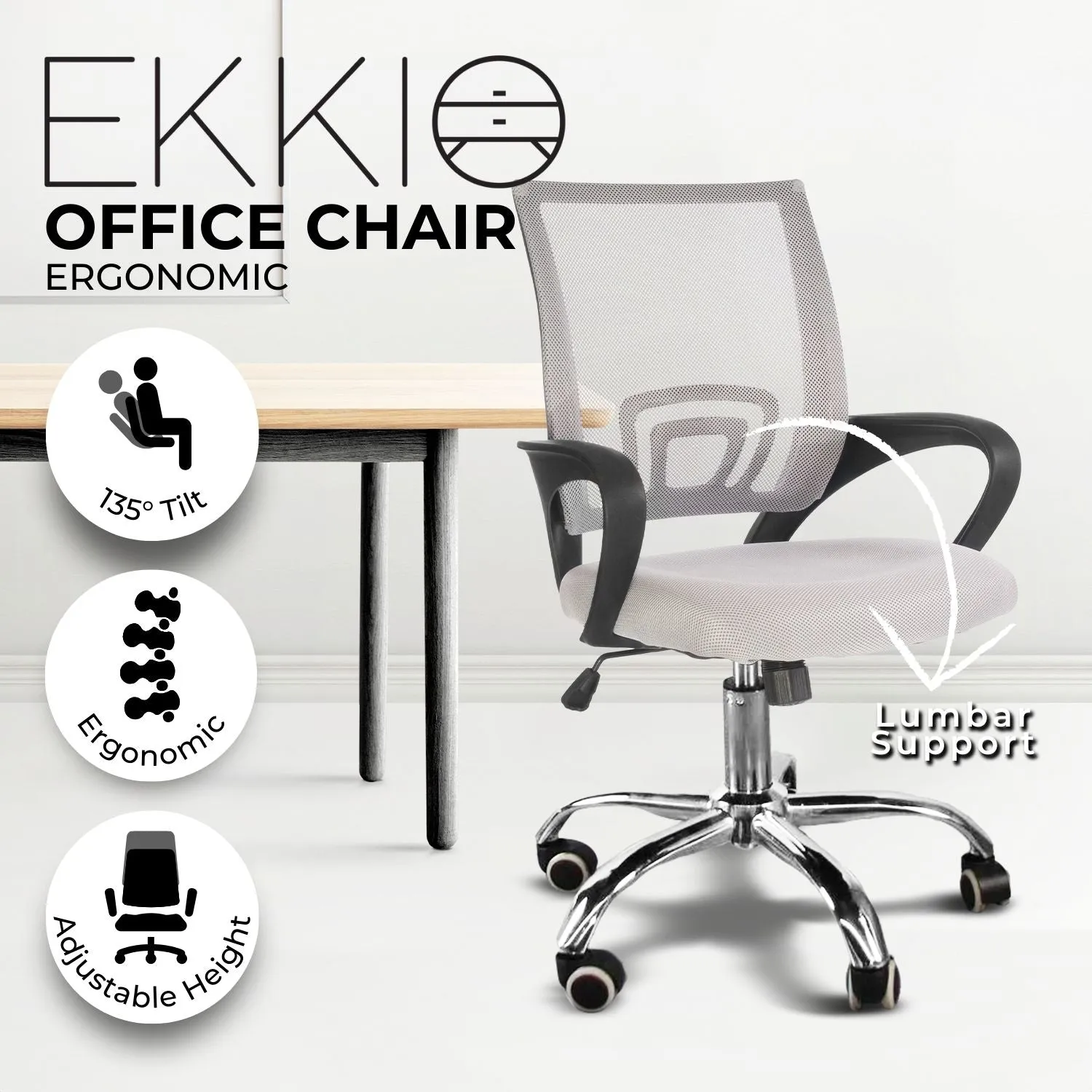 Ergonomic Mesh Office Chair with Lumbar Support, Adjustable, Grey | EKKIO